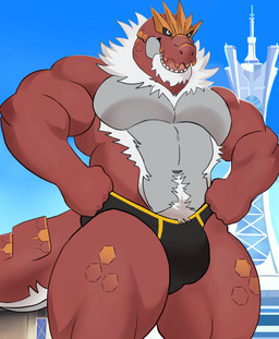 anthro barazoku black_clothing black_underwear body_hair briefs building city city_background clear_sky clothed clothing fist grey_body hair hands_on_waist huge_thighs male manly multicolored_body muscular muscular_anthro muscular_arms muscular_legs muscular_male muscular_thighs neck_tuft partially_clothed pokemorph red_body red_skin sharp_teeth sky skyscraper smile solo spikes spikes_(anatomy) teeth thick_arms thick_thighs tuft underwear underwear_only darknaigart nintendo pokemon dinosaur fossil_pokemon generation_6_pokemon pokemon_(species) prehistoric_species reptile scalie tyrantrum absurd_res hi_res