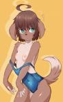 5_fingers ahoge anthro breasts brown_body brown_fur brown_hair brown_nose clothing dipstick_tail exposed_breasts female fingers fur hair markings multicolored_body multicolored_fur multicolored_tail nipples one-piece_swimsuit question_mark school_swimsuit short_hair slim small_breasts solo swimwear tail tail_markings tan_body tan_fur teal_eyes two_tone_body two_tone_fur undressing coffeechicken kess_(coffeechicken) canid canine canis domestic_dog mammal digital_media_(artwork) hi_res shaded