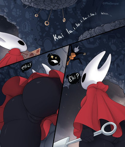 2_horns 3_panel_comic anthro big_butt biped black_body black_eyes breasts butt cloak cloak_only clothing dialogue duo empty_eyes female genital_shot genitals holding_map holding_melee_weapon holding_object holding_weapon horn low-angle_view melee_weapon non-mammal_breasts non-mammal_vulva on_ceiling question_mark red_cloak red_clothing shell singing speech_bubble text vulva vulva_shot weapon white_text worm's-eye_view phosenpai hollow_knight:_silksong hollow_knight_(franchise) team_cherry hornet_(hollow_knight) shakra_(hollow_knight:_silksong) arachnid arthropod insect spider 2025 comic english_text hi_res