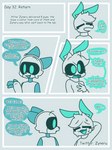 alien antennae_(anatomy) black_sclera blue_arms blue_ears bodily_fluids clothing comic cyvae_(zyneru) dialogue english_text femboy hi_res humanoid machine male robot shocked speech_bubble sweat sweater teal_eyes text topwear zyneru zyneru_(character)