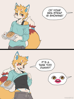 2_panel_comic anthro black_nose blue_eyes blue_markings blush bottomwear bread cheek_tuft claws clothed clothed_male clothing clothing_lift countershade_face countershading dialogue dipstick_ears dipstick_tail ear_markings facial_markings facial_tuft finger_claws food fully_clothed fully_clothed_male fur grey_background half-closed_eyes head_markings inner_ear_fluff male male_anthro markings midriff multicolored_body multicolored_ears multicolored_fur narrowed_eyes navel offscreen_character open_mouth pants red_markings shirt shirt_lift simple_background solo sweatpants tail tail_markings tank_top teeth text topwear tray tuft white_body white_countershading white_fur white_markings yellow_body yellow_fur kurarifox bra_strap_showing_(meme) kurari_(deruu) canid canine fox mammal 2026 absurd_res comic digital_media_(artwork) english_text hi_res meme
