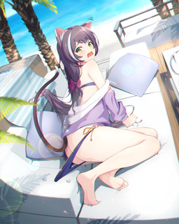 5_toes barefoot beach bikini bikini_pull black_body black_fur black_hair blush butt clothed clothing clothing_pull feet female fur furniture green_eyes hair long_hair looking_back open_mouth palm_tree pillow plant sand seaside simple_background sofa solo swimwear swimwear_pull thick_thighs toes tree two-piece_swimsuit water shiina_michiru cygames princess_connect! princess_connect!_re:dive karyl_(princess_connect!) animal_humanoid cat_humanoid felid felid_humanoid feline feline_humanoid humanoid mammal mammal_humanoid hi_res