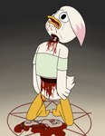 anthro blood bodily_fluids bottomless clothed clothing death disembowelment female gore guts intestines kneeling occult_symbol organs pentagram ritual_suicide shirt slit_throat solo spine symbol tears topwear young young_female aaron_amethyst disney ducktales ducktales_(2017) lena_(ducktales) anatid anseriform avian bird duck absurd_res hi_res