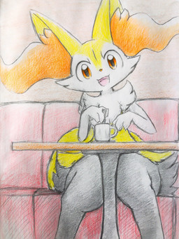 ambiguous_anthro ambiguous_gender anthro biped coffee_cup container cup detailed_background digitigrade front_view furniture head_tilt inside open_:3 open_mouth open_smile sitting smile solo table tongue eiroru nintendo pokemon braixen canid generation_6_pokemon mammal pokemon_(species) 2022 3:4 colored_pencil_(artwork) graphite_(artwork) hi_res japanese_description portrait three-quarter_portrait traditional_media_(artwork) translated_description