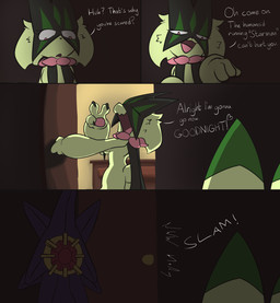 3_fingers ambiguous_gender anthro breasts butt claws dialogue door door_slam eyelashes female finger_claws fingers flower_(anatomy) fur gem green_body green_fur green_tail group heart_symbol mask medium_breasts open_mouth pawpads paws pink_eyes pink_nose purple_body red_gem tail text trio klydewitakay nintendo pokemon pokemon_legends_z-a felid feline floragato generation_9_pokemon mammal mega_evolution mega_starmie meowscarada pokemon_(species) absurd_res comic english_text hi_res