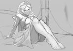 5_toes annoyed arm_support bed breasts cinko clothed clothing elf feet female furniture hair hi_res humanoid humanoid_feet humanoid_pointy_ears looking_at_viewer monochrome not_furry plantigrade solo toes