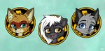 anthro black_body black_fur blue_eyes brown_body brown_fur chibi female fur green_eyes grey_body grey_fur group hair male sticker trio white_hair yellow_eyes ziegelzeig bad_guy_cafe ake'cheta_(knoton13) clara_white roxxie_elwyn_(akecheta) canid canine canis coyote fox mammal mephitid skunk hi_res