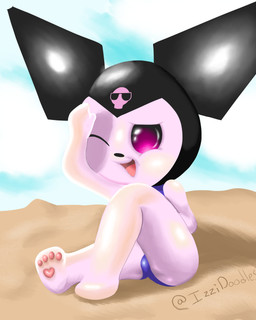 beach blush clothing covering covering_self featureless_hands female fool's_hat hat headgear headwear kemono one-piece_swimsuit one_eye_obstructed paws pink_body simple_background sitting solo swimwear young izzipurrito onegai_my_melody sanrio kuromi demon lagomorph leporid mammal rabbit 4:5 absurd_res hi_res