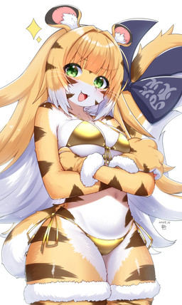 alternate_species animal_print anthro anthrofied bikini black_ears blonde_hair blue_accessory breasts clothing countershade_face countershade_fur countershade_torso countershading cute_fangs fangs female fur furrification gloves gold_bikini green_eyes hair handwear kemono long_hair markings medium_breasts multicolored_hair multicolored_tail open_mouth paw_gloves simple_background solo striped_body striped_fur striped_markings striped_tail stripes swimwear tail tail_markings teeth thick_thighs triangle_bikini two-piece_swimsuit under_boob whiskers white_background white_body white_fur white_hair white_tail wide_hips yellow_body yellow_fur yellow_tail horokusa0519 golden_week mihoyo zenless_zone_zero ju_fufu felid mammal pantherine thiren tiger 2025 absurd_res hi_res