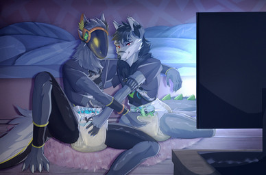 anthro bodily_fluids claws clothing crotch_grab diaper dragon_tail duo fondling fur genital_fluids grey_body grey_fur grope hand_on_diaper handjob handjob_through_clothing humanoid_hands inside machine male male/male mutual_handjob mutual_masturbation pantsless_anthro pantsless_male paws peekabu_(diaper) penile red_eyes sex shirt sitting t-shirt topwear touching_diaper unclean_diaper urine used_diaper watching_television wet_diaper cozygrey abuniverse peekabu canid canine canis hybrid mammal protogen wolf hi_res