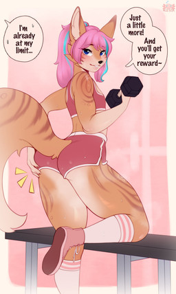 5_fingers anthro athletic athletic_male athletic_wear big_butt big_ears blue_eyes blush bodily_fluids bottomwear bra butt clothed clothing coach dialogue dolphin_shorts dumbbell encouragement exercise exposure_variation eyebrows femboy fingers footwear fur gym gym_bottomwear gym_shorts hair hand_on_butt hotpants legwear long_hair looking_at_viewer looking_back looking_back_at_viewer male open_mouth open_smile pink_clothing pink_hair ponytail presenting presenting_hindquarters raised_eyebrow rear_view seductive shoes shorts simple_background smile smiling_at_viewer sneakers socks solo speech_bubble sport sports_bra sportswear standing sweat sweatdrop tail tan_body tan_fur text thick_thighs tight_clothing trainer underwear weightlifting weights wide_hips workout conditional_dnp maiteik canid canine fennec_fox fox hybrid mammal true_fox 2023 digital_media_(artwork) english_text hi_res watermark