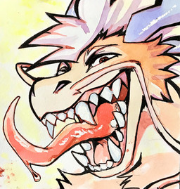 ambiguous_gender anthro arm_tuft big_fangs blue_horn bodily_fluids brown_eyes cheek_tuft dripping facial_tuft fangs fur hair horn long_tongue looking_at_viewer messy_hair narrowed_eyes nude orange_body orange_fur red_tongue saliva saliva_drip short_hair shoulder_tuft simple_background solo teeth tongue tongue_out tuft unsigned white_hair famir mythology dragon furred_dragon furred_scalie mythological_creature mythological_scalie scalie traditional_media_(artwork)