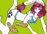 all_fours anthro bikini biped breasts cleavage clothed clothing female footwear green_background green_eyes hair lagomorph leporid looking_at_viewer mammal markings michiyoshi pink_hair rabbit sandals shoes simple_background skimpy solo swimwear two-piece_swimsuit