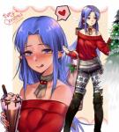 blue_eyes blue_hair breasts clothing female hair heart_symbol holidays humanoid_pointy_ears long_hair looking_at_viewer not_furry simple_background small_breasts solo standing tongue tongue_out bsapricot christmas fate_(series) type-moon medea_(fate) elf humanoid absurd_res hi_res