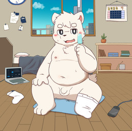 anthro balls bedroom blush computer electronics flaccid foreskin genitals inside laptop male mostly_nude navel nipples one_sock overweight overweight_anthro overweight_male penis solo tail unretracted_foreskin young young_anthro kotaroo_0123 bear mammal polar_bear ursine 2021 hi_res