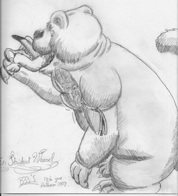 anthro claws duo feet fur head_first internal larger_pred male male/male nude_pred oral_vore partially_inside scared side_view simple_background size_difference standing tail teeth text vore white_background bigbadbear anthrocon big_bad_bear bear mammal mustelid musteline true_musteline weasel 2008 dated graphite_(artwork) hi_res monochrome signature traditional_media_(artwork)