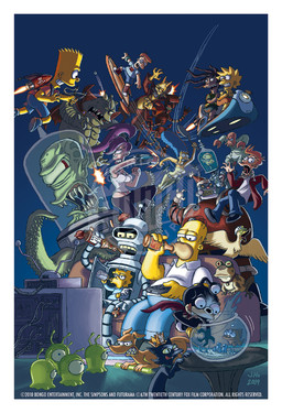 alcohol beer beer_bottle beverage blue_bow bottle clothing container dress electronics fangs female fight furniture green_clothing green_dress group hair holidays lipstick machine makeup male orange_hair purple_hair robot_devil sofa teeth television tongue tongue_out jasonhohoho christmas comedy_central futurama the_simpsons bart_simpson bender_bending_rodríguez blinky_(the_simpsons) cubert_farnsworth doctor_zoidberg homer_simpson hypnotoad kang kodos lisa_simpson lrrr_(futurama) maggie_simpson marge_simpson montgomery_burns ned_flanders nibbler philip_j._fry santa's_little_helper santa_claus snowball_(the_simpsons) turanga_leela alien amphibian anatid anseriform arthropod avian bird canid canine canis crustacean cyclops decapodian_(futurama) demon domestic_cat domestic_dog duck felid feline felis fish frog human humanoid mammal marine robot robot_humanoid toad_(frog) 2009