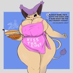 1:1 2023 4_fingers anthro apron apron_only areola areola_slip belly big_breasts biped black_sclera black_text blue_background blush blush_lines bodily_fluids border breasts cheek_tuft claws cleavage cleavage_overflow clothed clothing colored curvy_figure cute_fangs delcatty dessert dialogue digital_drawing_(artwork) digital_media_(artwork) dolly_(plantedpot) ellipsis english_text facial_tuft felid feline female finger_claws fingers food front_view fur generation_3_pokemon grey_border handwear heart_symbol hi_res holding_food holding_object holding_pie huge_breasts kiss_the_cook knife looking_at_viewer low-angle_view mammal mostly_nude navel_outline nintendo nipple_outline one_eye_closed open_mouth open_smile oven_mitts overweight overweight_anthro overweight_female pastry pie pink_tongue plantedpot pokemon pokemon_(species) pokemorph portrait pupils purple_body purple_ears purple_fur purple_tuft question_mark shaded simple_background slightly_chubby slightly_chubby_anthro slightly_chubby_female smile solo standing steam sweat sweatdrop sweaty_breasts tail tail_tuft talking_to_another talking_to_partner talking_to_self talking_to_viewer tan_areola tan_body tan_fur tan_tuft text text_on_clothing thick_thighs three-quarter_portrait tongue tuft voluptuous white_pupils white_text wide_hips wink