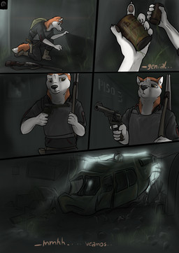 abandoned_building abandoned_city aircraft anthro backpack biped brown_eyes explorer gun handgun helicopter holding_object holding_weapon male male_anthro post-apocalyptic ranged_weapon revolver shotgun solo text vehicle weapon wolfyalex96 alex_(wolfyalex96) alaskan_malamute canid canine canis domestic_dog mammal nordic_sled_dog spitz hi_res spanish_text translated