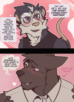2_panel_comic anthro black_body black_fur blush bone brown_body brown_fur dialogue duo eyewear face_focus fur glasses male muscular muscular_anthro muscular_male one_fang purple_eyes round_glasses silly simple_background skull skull_head speech_bubble text white_body white_fur king_slabu adrian_(king_slabu) nolan_(king_slabu) american_opossum canid canine canis domestic_dog mammal marsupial spirit virginia_opossum comic digital_media_(artwork) english_text hi_res
