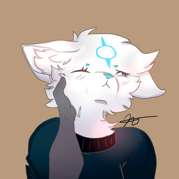 ambiguous_gender anthro blue_highlights disembodied_hand duo eyes_closed female fluffy fur hand_on_cheek hand_on_face highlights_(coloring) purple_eyes squish white_body white_fur anonymous_artist anon shooly domestic_cat felid feline felis mammal 1:1 absurd_res hi_res