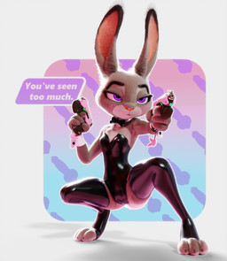 anthro big_ears bow_tie breasts camel_toe clothing crouching cuffs_(clothing) curvy_figure dialogue female grey_body gun handgun hourglass_figure latex leather leather_clothing leotard pistol purple_eyes ranged_weapon slim small_breasts small_waist solo speech_bubble text toeless_legwear toeless_stockings weapon wide_hipped_anthro wide_hipped_female wide_hips pochemu disney zootopia judy_hopps lagomorph leporid mammal rabbit 3d_(artwork) absurd_res digital_media_(artwork) english_text hi_res