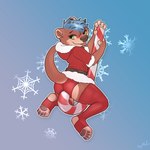 anthro biped blue_background blue_hair blush brown_body brown_fur candy candy_cane christmas_clothing clothing dessert food fur green_eyes hair holidays legwear male pawpads paws red_clothing red_legwear red_thigh_highs red_underwear riding simple_background snowflake solo thigh_highs tongue tongue_out underwear skymafia christmas otterlytoast_(character) mammal mustelid otter 1:1 2021 digital_media_(artwork) hi_res