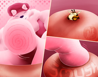 ambiguous_gender anthro apron barazoku belly bonnet clothing cookie duo extreme_size_difference fingers food fur headgear headwear highlights_(coloring) hyper looming macro male micro micro_squish obese obese_anthro obese_male overweight overweight_anthro overweight_male simple_background size_difference smaller_male smile smush smushed smushing squish text white_body fujiyama_samoyed bumble_beans_(fujiyamasamoyed) fujiyama_kenhaku arthropod bee canid canine canis domestic_dog hybrid hymenopteran insect mammal nordic_sled_dog raccoon_dog samoyed spitz tanuki comic digital_media_(artwork) hi_res shaded soft_shading watermark