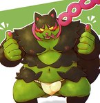 anthro asian_clothing belly big_belly black_body blush bulge clothing east_asian_clothing fundoshi green_body japanese_clothing kemono male moobs nipples overweight overweight_male simple_background solo tongue tongue_out toxic_chain underwear white_clothing white_fundoshi white_underwear chiro_(artist) nintendo pokemon canid generation_9_pokemon legendary_pokemon mammal okidogi pokemon_(species) 2023 absurd_res hi_res