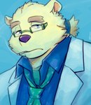 anthro cigarette cigarette_in_mouth clothing coat eyewear fur glasses hair lab_coat male necktie object_in_mouth ponytail smoking solo topwear white_body white_fur ribbit115 lifewonders tokyo_afterschool_summoners leib_(tas) bear mammal polar_bear ursine hi_res