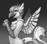 anthro beak breasts chest_tuft feathered_wings feathers female fur gradient_background happy looking_at_viewer non-mammal_breasts nude open_mouth simple_background solo tail tuft wings aycee mythology hoot_(character) avian gryphon mythological_avian mythological_creature 2013 greyscale monochrome