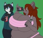 anthro belly bepis beverage big_breasts bleok blush breasts can_opener clothed clothing demon digital_media_(artwork) domestic_cat duo eyes_closed eyewear felid feline felis female fur glasses grey_body grey_fur hair huge_breasts hyper hyper_breasts lips looking_confused male mammal nonbinary_(lore) overweight overweight_female ribbons ribbons_(bradythewwefan) simple_background slightly_chubby thick_lips thick_thighs wastedtime