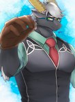 anthro black_body black_fur clothing eyewear fur glasses gloves green_eyes hair handwear horn looking_at_viewer male muscular muscular_anthro muscular_male necktie solo topwear vest white_hair hoshimi_l2 lifewonders tokyo_afterschool_summoners tanngrisnir_(tas) bovid caprine goat mammal hi_res