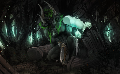 abs anthro black_body black_fur clothed clothing crouching detailed_background fur green_body green_eyes green_fur horn jewelry male male_anthro muscular muscular_anthro muscular_male necklace outside pecs plant solo teeth topless topless_anthro topless_male tree whiskers i-psilone guild_wars charr felid mammal 2021 hi_res