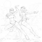 action_pose anthro barefoot bikini biped breasts clothed clothing feet female fighting_pose gloves handwear kerchief non-mammal_breasts pose rock sculpture skimpy solo statue sun swimwear tail thong tight_clothing topwear tube_top two-piece_swimsuit underwear robotjoe zaggatar bandit_twins sheretsa lizard reptile scalie 1:1 hi_res monochrome sibling_(lore) sister_(lore) sisters_(lore) twins_(lore)