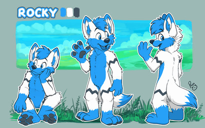 anthro arm_tuft blue_body blue_eyes blue_fur blue_hair blue_inner_ear_fluff cheek_tuft chest_tuft closed_smile dipstick_ears ear_markings elbow_tuft facial_tuft featureless_crotch front_view fur glistening glistening_eyes gloves_(marking) grass hair inner_ear_fluff leg_markings logo male markings mouth_closed multicolored_ears neck_tuft nude open_mouth open_smile plant rear_view short_hair sitting smile socks_(marking) solo standing tuft white_body white_fur young young_anthro young_male pandapaco canid canine mammal artist_logo model_sheet signature