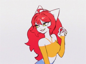 5_fingers anthro blue_body blue_bottomwear blue_clothing blue_eyes blue_hair blue_pants bottomwear breasts chibi clawing claws clothed clothing crazy_eyes duo ears_back eyeliner eyes_closed female finger_claws fingers fully_clothed hair hand_behind_head inner_ear_fluff long_hair looking_at_viewer looking_back makeup one_eye_closed open_mouth pants pivoted_ears plantigrade pointy_ears prick_ears purple_background rear_view red_hair ripping scanlines seductive simple_background smile topwear tube_top tuft white_body wink yellow_clothing yellow_eyes yellow_topwear rylebee dame_un_grrr harang_(rylebee) myo-ong_(rylebee) canid canine canis domestic_cat felid feline felis mammal wolf 2025 2d_animation 4:3 animated animation_meme colored_sketch frame_by_frame meme short_playtime sketch sound webm