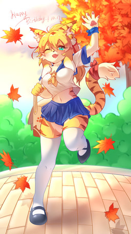 anthro autumn blonde_hair bottomwear breasts clothed clothing falling_leaves female footwear fur gesture green_eyes hair kemono leaf legwear maple_leaf mary_janes midriff on_one_leg one_eye_closed open_mouth outside plant running school_uniform shirt shoes shrub skin_fang skirt socks solo standing striped_body striped_fur striped_hair stripes thigh_highs thigh_socks topwear tree uniform waving yellow_body yellow_fur lalamedli cygames world_flipper mia_(world_flipper) felid mammal pantherine tiger 2023 absurd_res hi_res