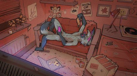 anthro box container cup detailed_background erection eyes_closed feet fingers food fur furniture genitals hair hand_on_penis holding_food holding_object holding_pizza inside lying male masturbation mug nude on_back open_mouth penile penile_masturbation penis pizza pizza_box pizza_slice sofa solo tail text toes ratcha tex canid canine canis domestic_dog mammal digital_media_(artwork) english_text