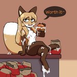 1:1 anthro averi_(fiddleafox) bodily_fluids breasts canid canine chest_fur chicken_meat conditional_dnp crossed_legs cum cum_drip cum_in_food cum_on_face cum_on_feet cum_on_food cum_on_fur dripping english_text exposed_breasts feet female fluffy fluffy_tail food food_fetish food_play fox genital_fluids grandfathered_content hi_res lemondude mammal meat red_fox simple_background small_breasts solo tail text true_fox