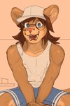 anthro bottomwear clothing eyewear glasses hat headgear headwear male nipple_outline open_mouth shirt shorts simple_background sitting solo tank_top topwear monkeyspirit milo_(monkeyspirit) felid lion mammal pantherine 2023 hi_res