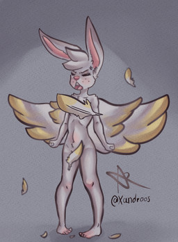 anthro blush convenient_censorship embarrassed feathered_wings feathers feet female fist freckles humanoid_feet nude plantigrade solo upset wings xandroos angel_hare the_east_patch angel_gabby angel angel_hare_(the_east_patch) hare lagomorph leporid mammal hi_res traditional_media_(artwork)