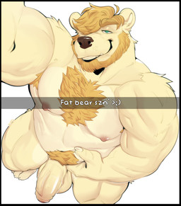 anthro armpit_hair balls beard big_balls big_penis black_border black_nose blonde_hair body_hair border caption chest_hair chest_tuft facial_hair fur genitals grin hair hair_over_eye humanoid_genitalia humanoid_penis looking_at_viewer male musclegut muscular muscular_anthro muscular_male nipples nude penis pubes simple_background smile solo tan_body tan_fur text tuft vein veiny_penis white_background ursso_(artist) bear mammal absurd_res english_text hi_res