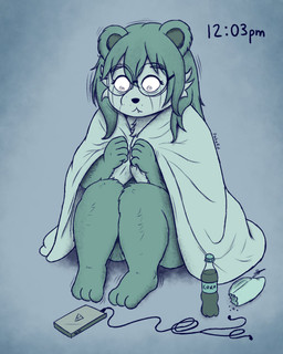 ambiguous_gender anthro bedding beverage_bottle biped blanket bottle bread cellphone container curled_up electronics eyewear fetal_pose food fur fur_markings glasses markings phone scared shaking smartphone soda_bottle solo timestamp trembling wearing_glasses pabord ritsuko_(pabord) bear giant_panda mammal 2025 4:5 digital_drawing_(artwork) digital_media_(artwork) hi_res signature