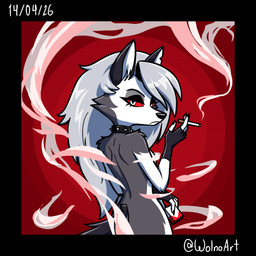anthro choker choker_only cigarette cigarette_box cigarette_smoke claws clothing collar female fingerless_gloves fur gloves gloves_only grey_body grey_fur grey_hair hair handwear handwear_only jewelry looking_at_viewer mostly_nude nails necklace necklace_only nude nude_female rear_view red_eyes simple_background smoke smoking smoking_cigarette solo spiked_collar spikes white_body white_eyes white_fur wolno hellaverse helluva_boss mythology loona_(helluva_boss) canid canid_demon canine demon hellhound mammal mythological_canine mythological_creature 1:1 2026 absurd_res cel_shading hi_res shaded