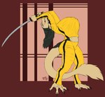 anthro belly bending big_breasts big_butt bottomwear breasts butt claws clothed clothing female fur hair huge_breasts katana mature_female melee_weapon navel pants shirt simple_background smile solo sword tail teeth toe_claws topwear weapon wide_hips yellow_bottomwear yellow_clothing yellow_pants yellow_shirt yellow_topwear winteranswer the_bride mammal sergal digital_media_(artwork) hi_res