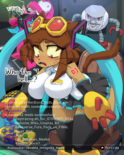 anthro big_breasts biped black_bottomwear black_clothing black_legwear black_skirt black_thigh_highs blush bottomwear breasts brown_hair clothed clothing cosplay crossover_cosplay curvy_figure dialogue eyewear eyewear_on_head female female_focus goggles goggles_on_head group hair legwear machine programming pupils reprogramming skirt text thick_thighs thigh_highs trio voluptuous voluptuous_female whiskers white_clothing mottitax gameoverse glitch_productions vocaloid yamaha_corporation gobbles_(gameoverse) hatsune_miku kaboodle_(gameoverse) kit_bodega dinosaur domestic_cat felid feline felis mammal prehistoric_species reptile robot scalie 4:5 absurd_res crossover english_text hi_res