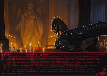 anus black_body black_scales bodily_fluids church cum feral genital_fluids gold_scales gynomorph intersex leaking_anus leaking_cum praying scales solo text starlyve kinktober kinktober_2025 sophie_(starlyve) dinosaur dromaeosaurid hybrid prehistoric_species reptile saurischian scalie theropod velociraptor 2025 absurd_res english_text hi_res