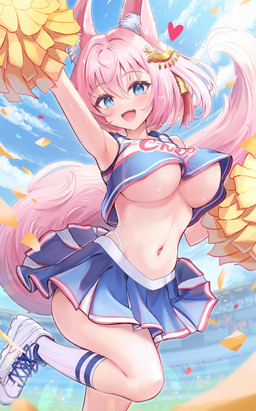 big_breasts blue_eyes blush bodily_fluids bottomwear breasts cheerleader clothed clothing confetti crop_top crop_top_overhang eyebrow_through_hair eyebrows eyelashes female footwear hair heart_symbol inner_ear_fluff midriff miniskirt navel no_bra open_mouth pink_hair pom_poms pose raised_arm shirt shoes skirt sneakers socks solo stadium sweat tail tank_top topwear translucent translucent_hair tuft under_boob sakura_ani animal_humanoid canid canid_humanoid canine canine_humanoid fox_humanoid humanoid mammal mammal_humanoid 2025 hi_res