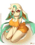 anthro anthrofied breasts cleavage clothed clothing dipstick_ears ear_markings female fully_clothed kneeling looking_at_viewer multicolored_ears orange_sclera pokemorph simple_background solo rilex_lenov nintendo pokemon laurel_(rilex_lenov) eeveelution generation_4_pokemon leafeon pokemon_(species)